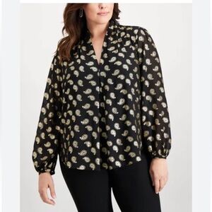 Michael Kors Floating Foil Paisley Blouse Black Golden V Neck Plus Size
